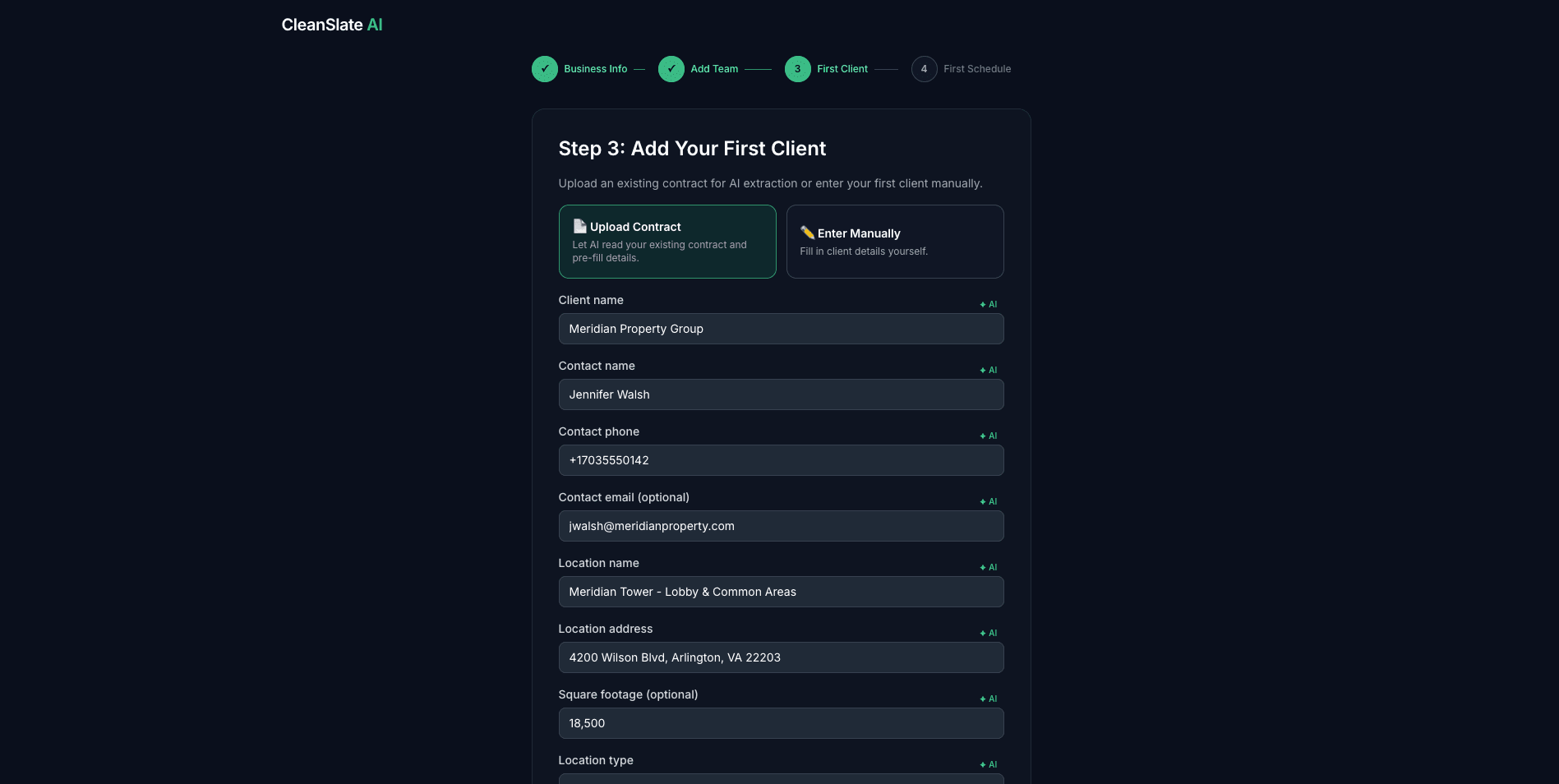 CleanSlate AI contract upload with AI-extracted fields