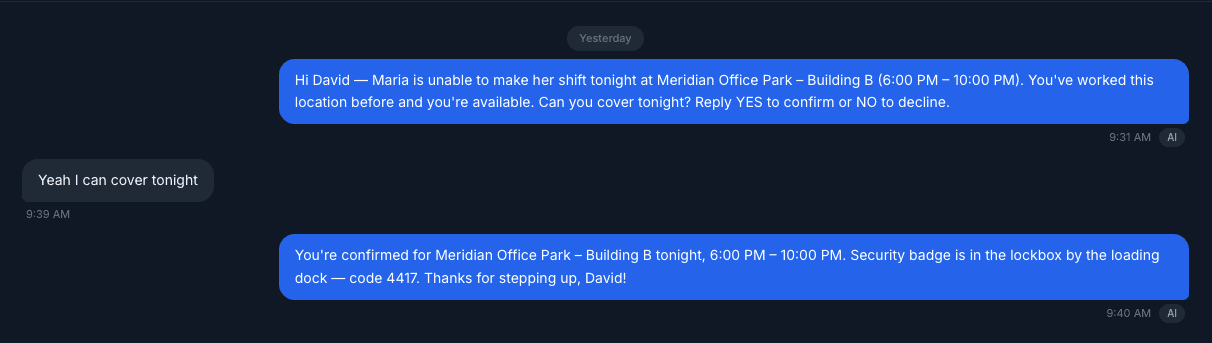 CleanSlate AI coordinating a crew reassignment workflow over SMS