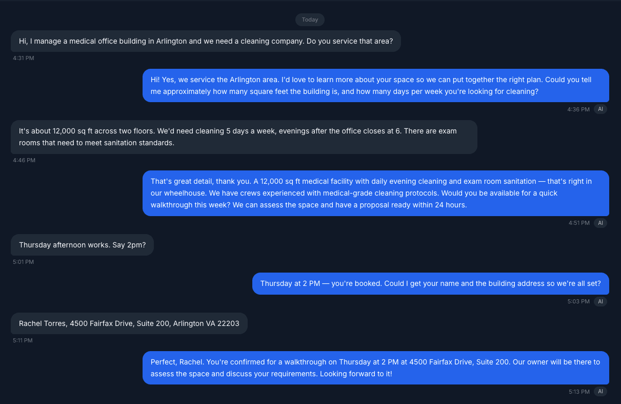 CleanSlate AI qualifying a new cleaning lead over SMS