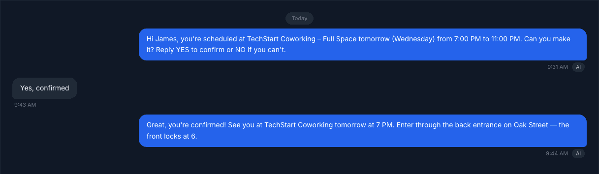 CleanSlate AI automatically confirming crew shifts by SMS